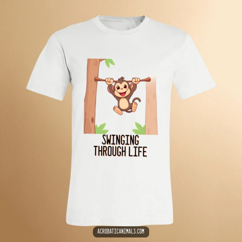 Funny t-shirt depicting an energetic monkey swinging high on a bar, conveying excitement and playful abandon. Perfect gift.