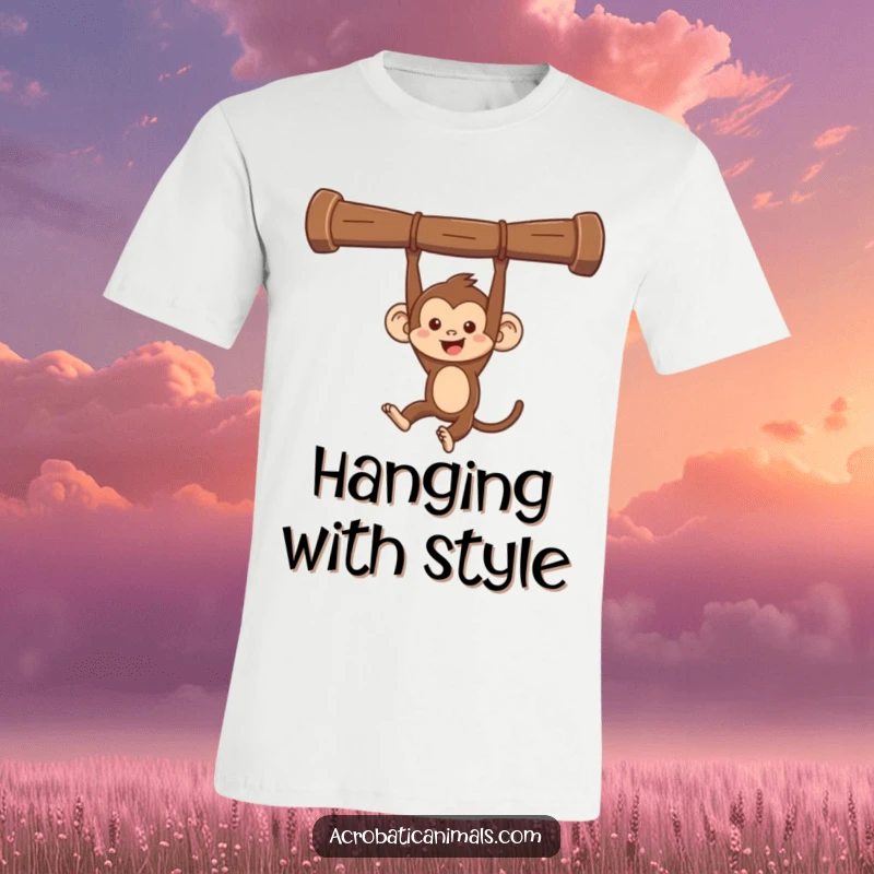 Funny monkey swinging t-shirt, featuring a mischievous monkey swinging from a bar. Hilarious apparel for fun-lovers, great gift.