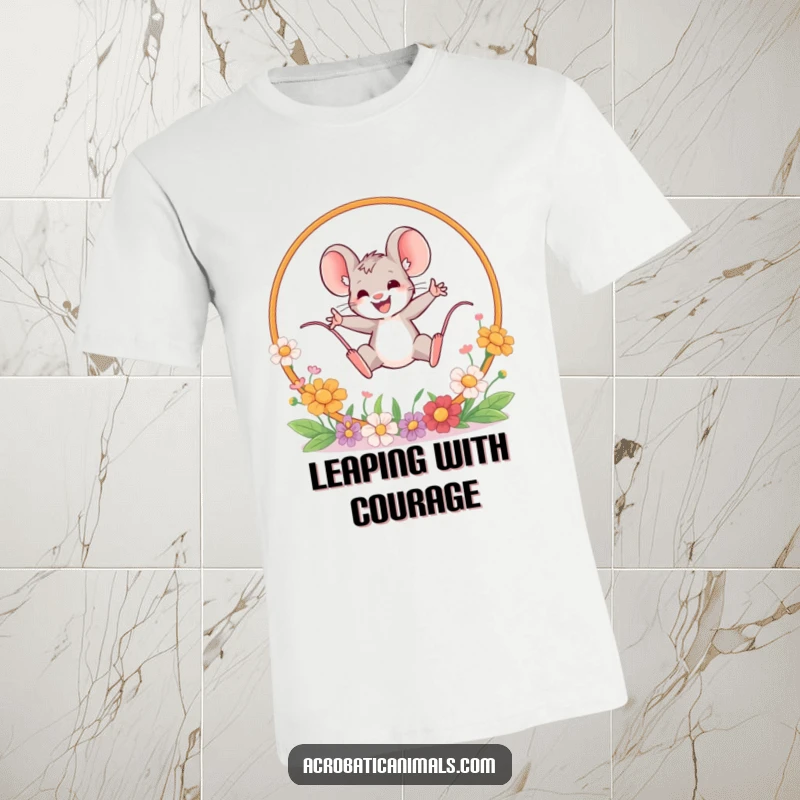 Funny mouse leaping t-shirt, featuring a brave mouse jumping through a flower hoop. Hilarious apparel for the courageous, great gift.