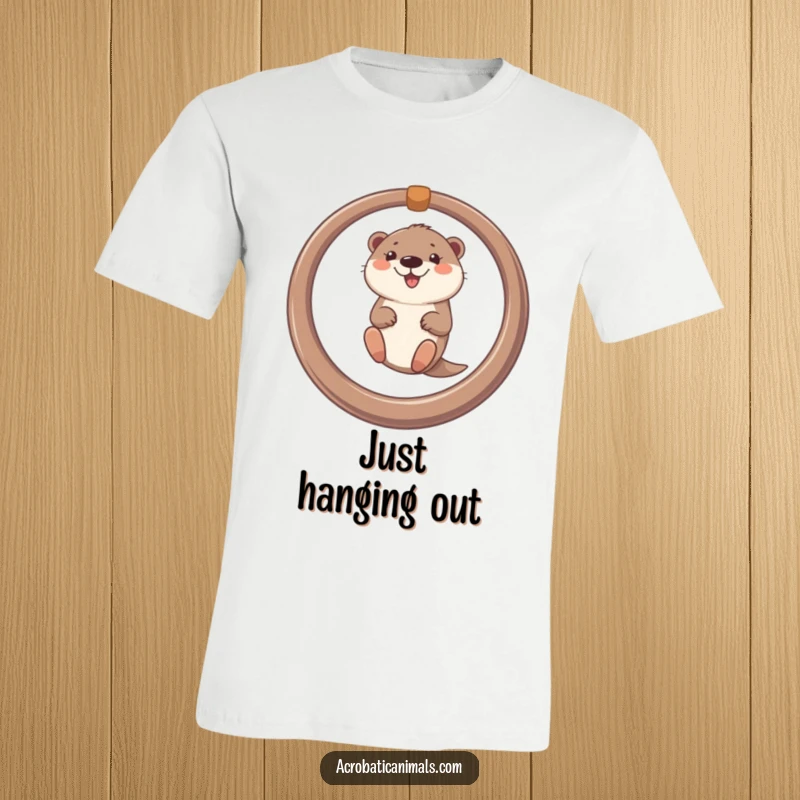 Funny t-shirt showcasing a cheerful otter expertly swinging from a ring, capturing a moment of pure acrobatic delight.