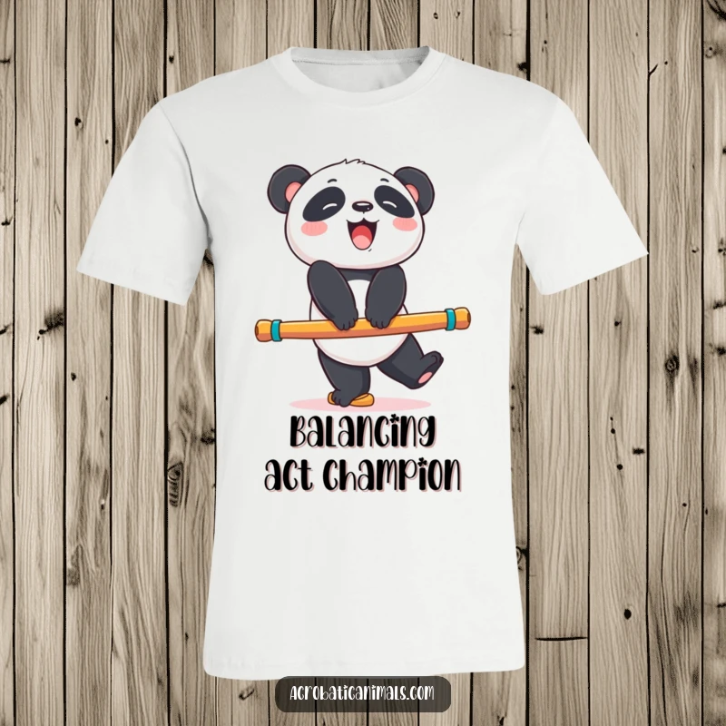 Funny panda bear t-shirt, giggling as it balances on a colorful exercise beam, a great funny gift for animal lovers.