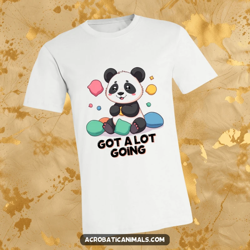 Funny t-shirt featuring a playful panda masterfully juggling multiple colorful beanbags, showcasing its cheerful and talented persona.