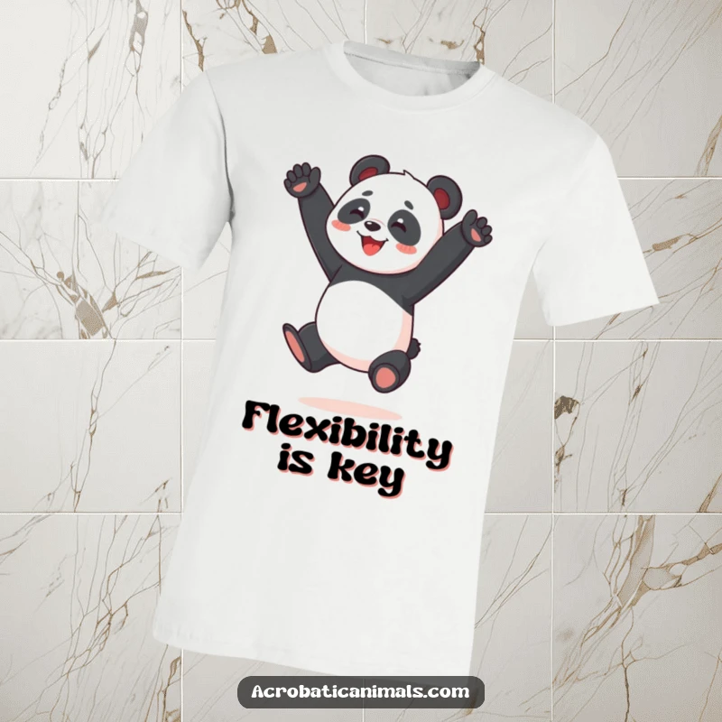 Funny Panda Acrobat T-Shirt: A joyful panda captured mid-air performing a spectacular split jump, radiating pure happiness and athletic prowess.