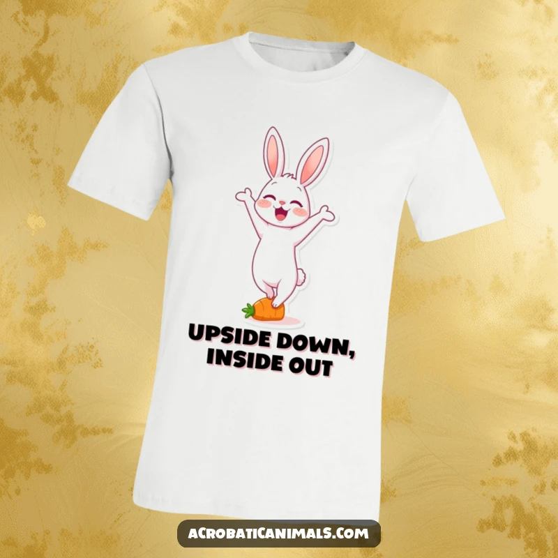 Funny t-shirt with a delighted rabbit character doing a handstand on a tiny carrot, full of energy and playful charm.