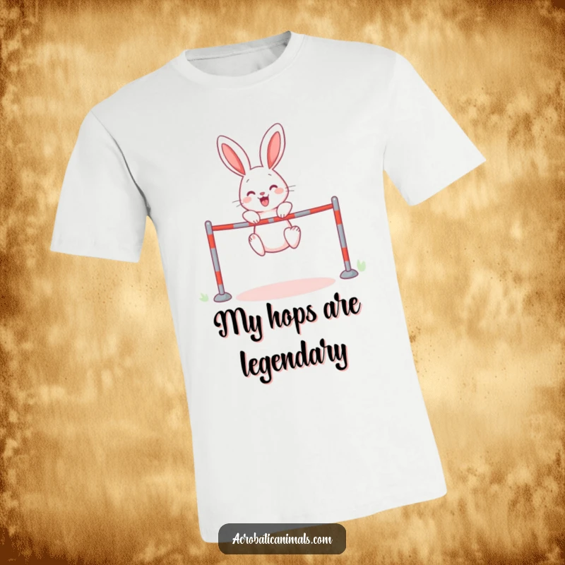Funny rabbit mid-high jump over a hurdle, wearing a determined expression, a hilarious and relatable scene on a t-shirt.