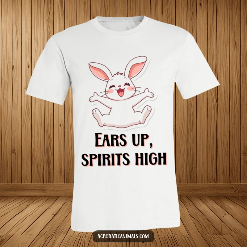 Funny rabbit t-shirt depicting a joyous bunny in a split jump, ears flopping wildly, capturing pure, humorous excitement.