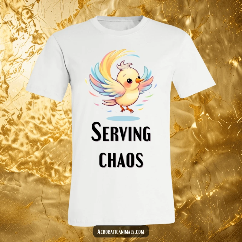 Funny t-shirt featuring a bird spinning rapidly, creating a vibrant, colorful whirlwind effect, perfect for energetic souls.