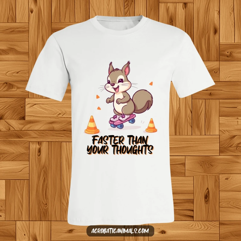 Funny t-shirt depicting a hyperactive squirrel on roller skates, expertly navigating cones with speed and comical focus.