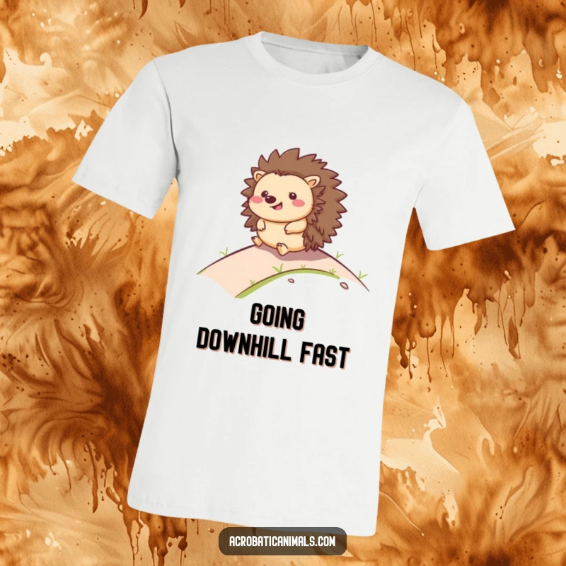 Funny t-shirt depicting a happy hedgehog with a wide smile, tumbling joyfully down a green hill, radiating pure happiness.