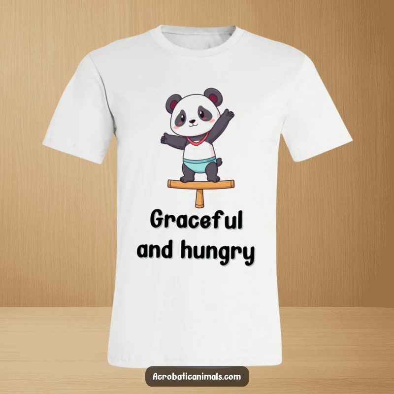 Funny t-shirt featuring a confident panda character performing a graceful pose on a balance beam with skill.