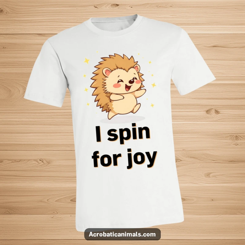 Funny hedgehog cartwheel t-shirt with sparkles, depicting a happy, energetic animal in motion. Great humorous gift for cartoon enthusiasts.