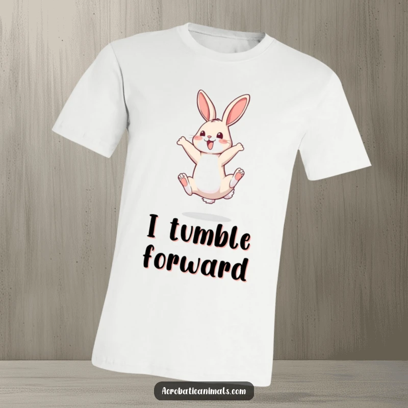 Funny t-shirt depicting a bouncy bunny in mid-somersault, showcasing agility, happiness, and a touch of comedic flair.