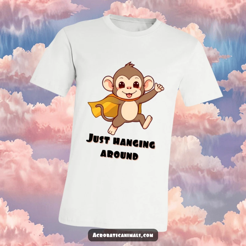 Funny t-shirt showcasing a silly monkey superhero mid-air, cape flowing, ready for action, conveying pure joy and bravery.