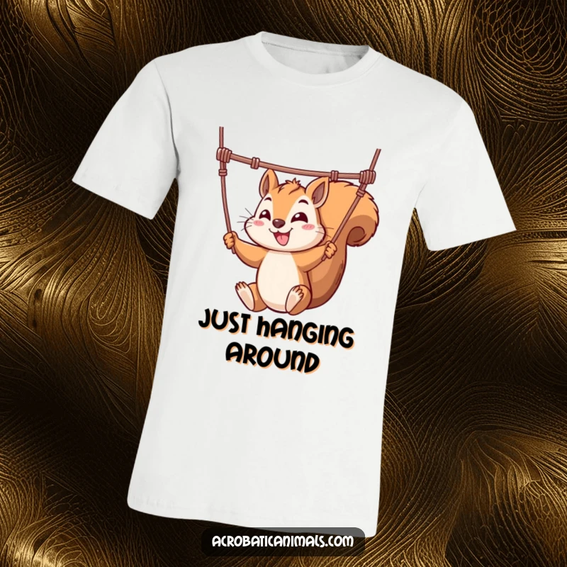 Funny t-shirt with a mischievous squirrel performing a daring trapeze act, capturing a moment of acrobatic fun and playful mischief.