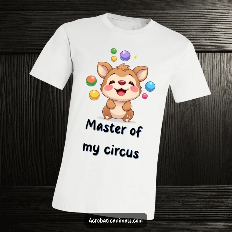 Funny t-shirt depicting a playful animal masterfully juggling colorful balls on its nose, showcasing its quirky talent and hilarious focus.
