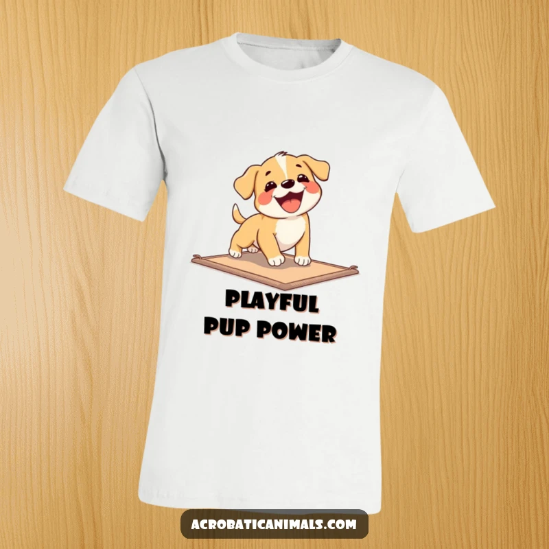 Funny Puppy Tumbles T-Shirt depicting a goofy puppy joyfully rolling and tumbling across a mat during an exercise session.