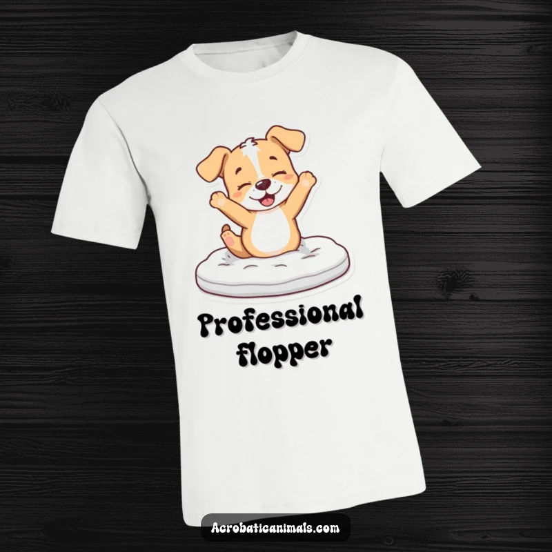 Funny Puppy T-Shirt: A playful puppy character performs a dramatic flip over a foam mat, radiating energy.