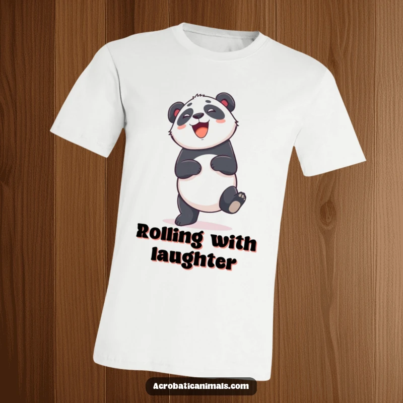 Funny t-shirt with a giggling panda doing a cartwheel, capturing pure joy and playful movement. Perfect gift.