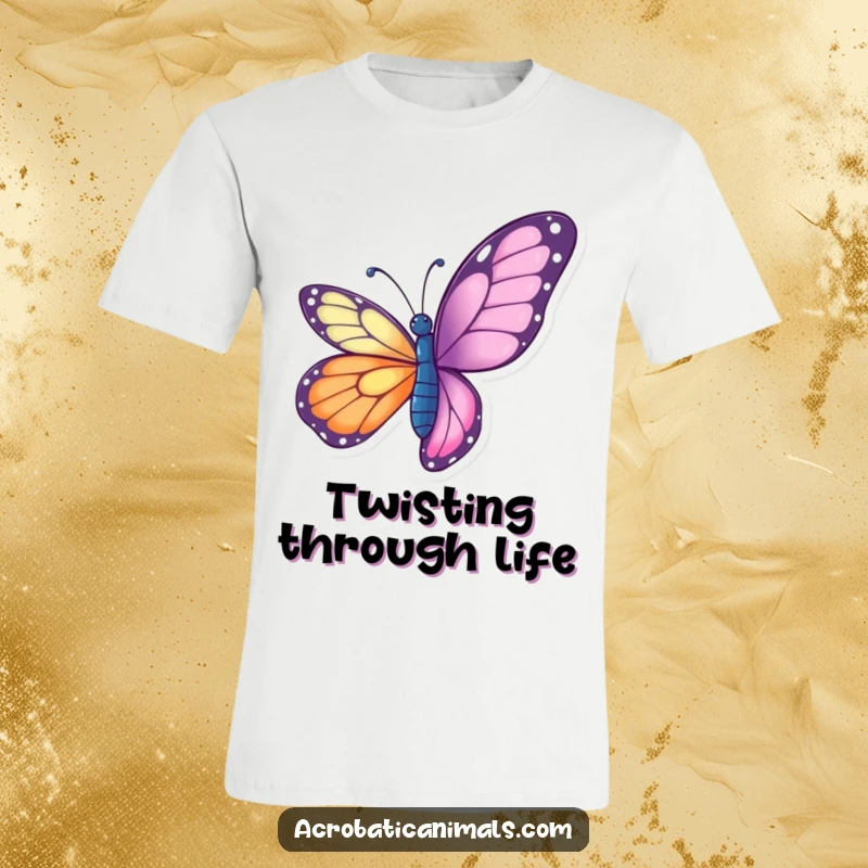 Funny butterfly t-shirt depicting a vibrant butterfly doing a graceful aerial twist, celebrating lightness and beauty.