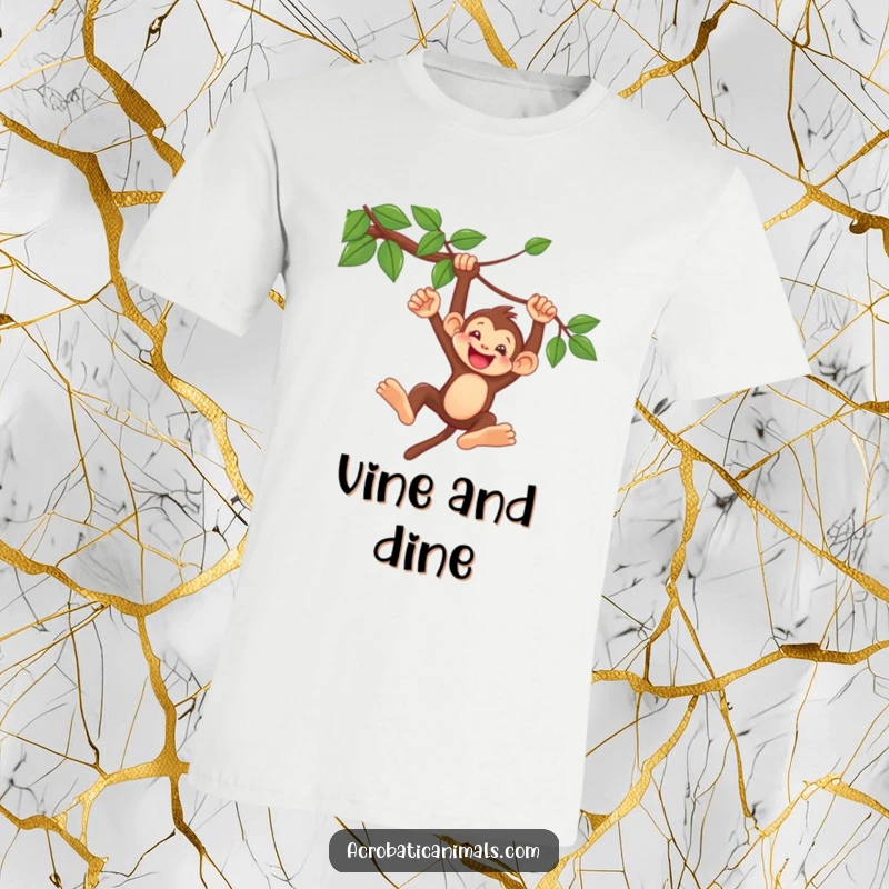 Funny Monkey Vine Swing T-Shirt: A delighted monkey captured mid-swing, showcasing its effortless movement and infectious happiness, perfect for playful people.
