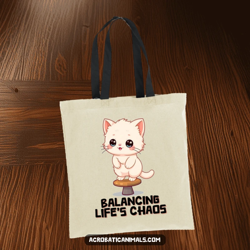 Funny Kitten Tote Bag: Features a fluffy kitten balancing on a spinning beam, embodying playful gymnastic talent.