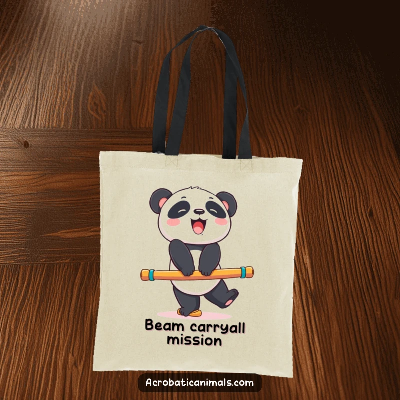 Funny panda bear tote bag with a giggling bear balancing on a colorful exercise beam, practical and humorous, an ideal funny gift.