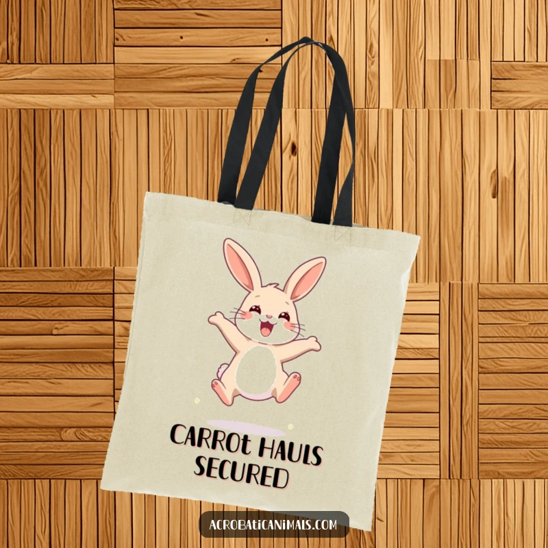 Funny Rabbit High Jump Tote Bag designed with a joyful rabbit mid-leap, perfect for carrying essentials with a humorous touch.