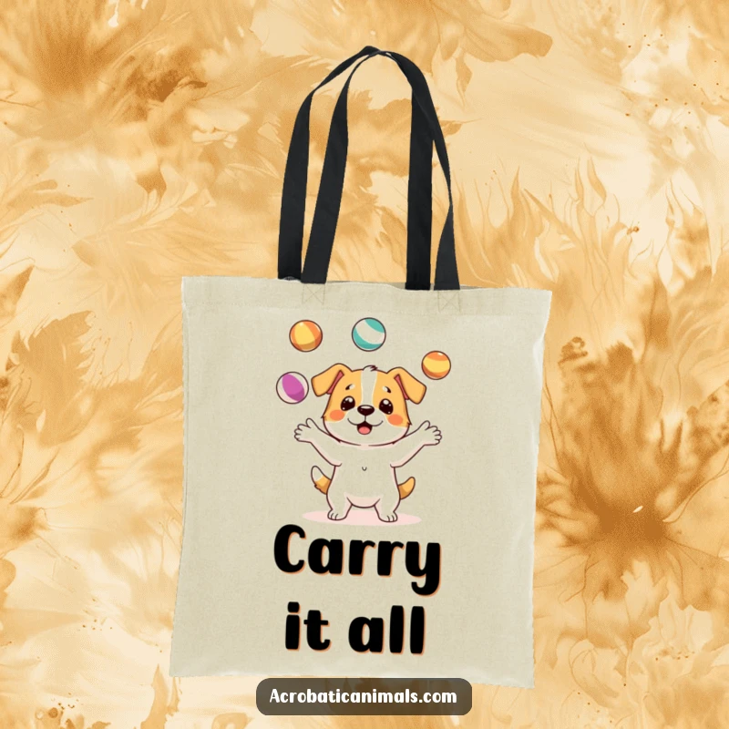 Funny tote bag depicting a happy dog character skillfully juggling three colorful balls, adding a playful touch to everyday use.