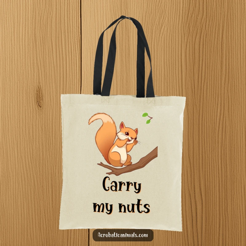 Funny squirrel tote bag showcasing a curious squirrel executing a somersault on a branch, perfect for carrying everyday items with humor.