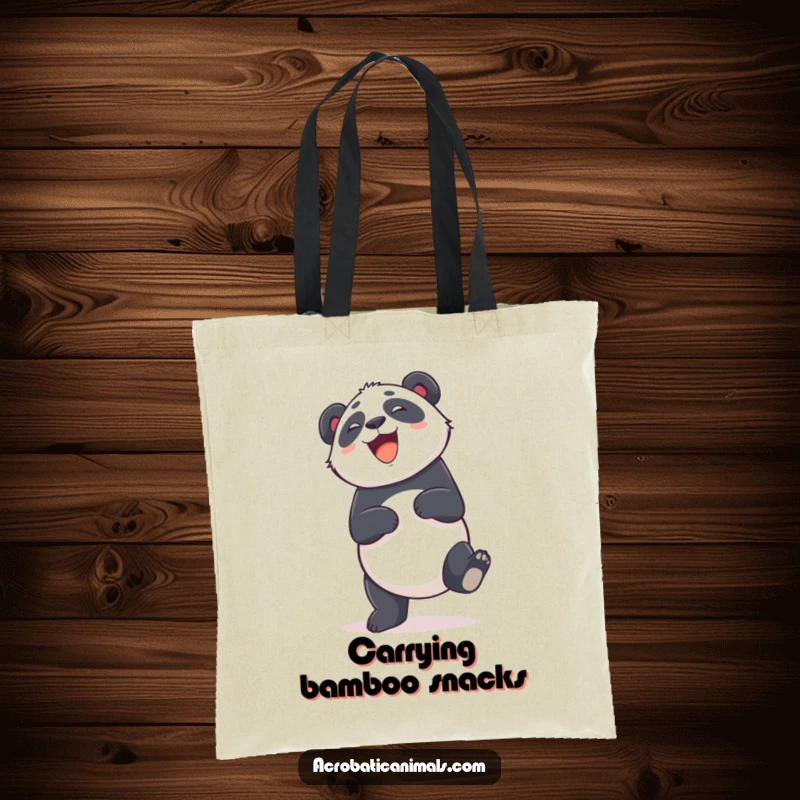 Funny tote bag with a giggling panda mid-cartwheel, great for carrying items with a dose of cute and playful humor. Perfect gift.