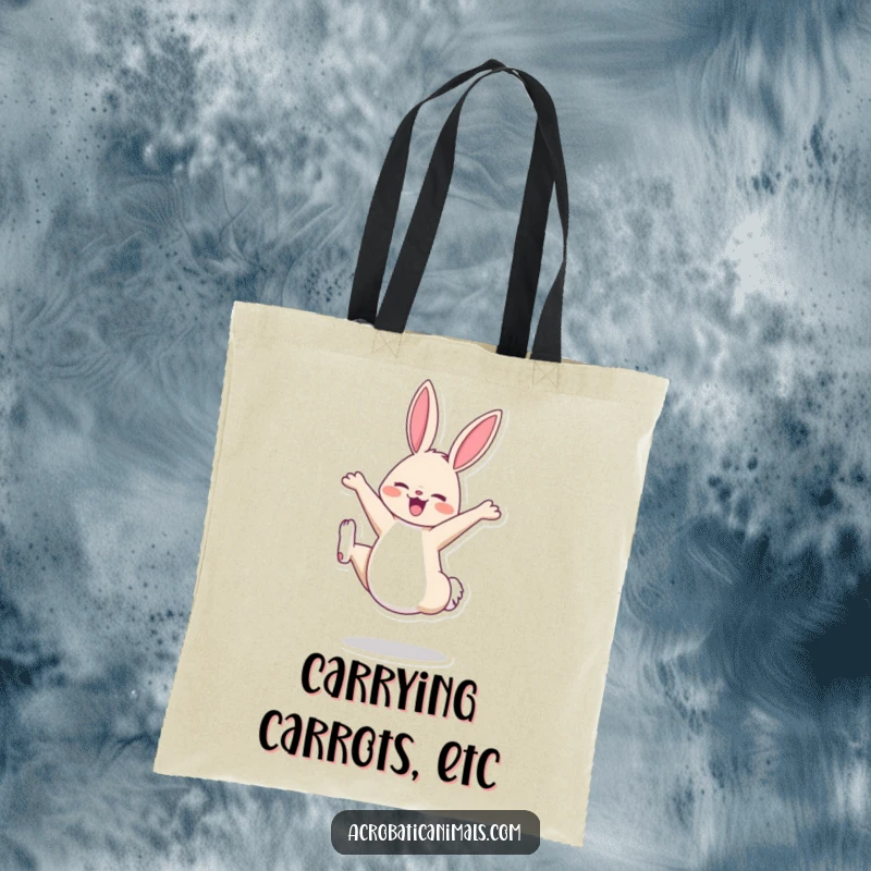 Durable funny tote bag showcasing a cheerful bunny doing a cartwheel, perfect for carrying items with a dose of happiness.