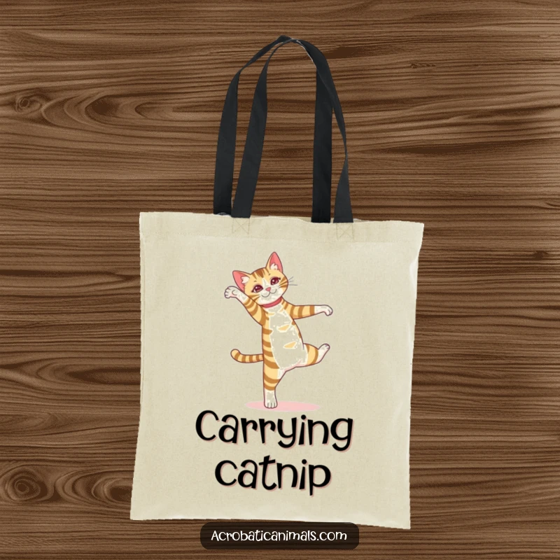 Funny tote bag featuring a striped cat performing a pirouette, a stylish and functional accessory for art and cat lovers.