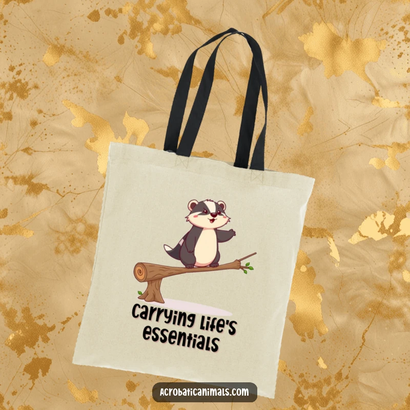 Funny badger tote bag showing a balancing act, perfect for carrying essentials with grit, a unique funny gift.
