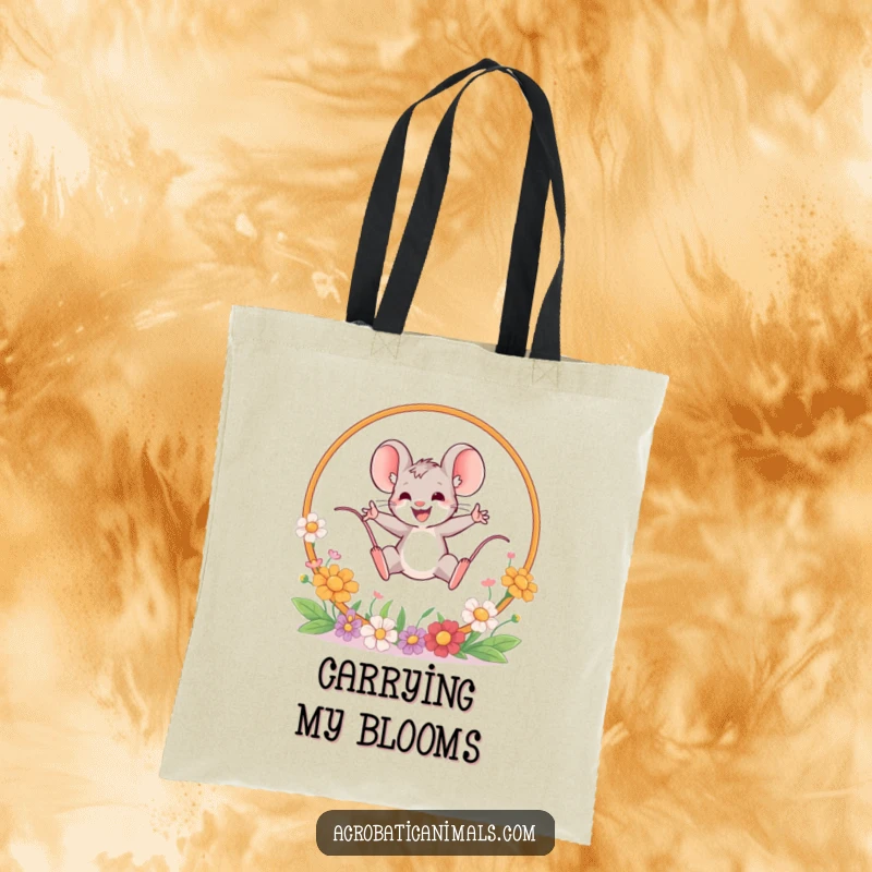 Funny mouse leaping tote bag, showing a brave mouse jumping through a flower hoop. Practical and humorous for everyday use, great gift.