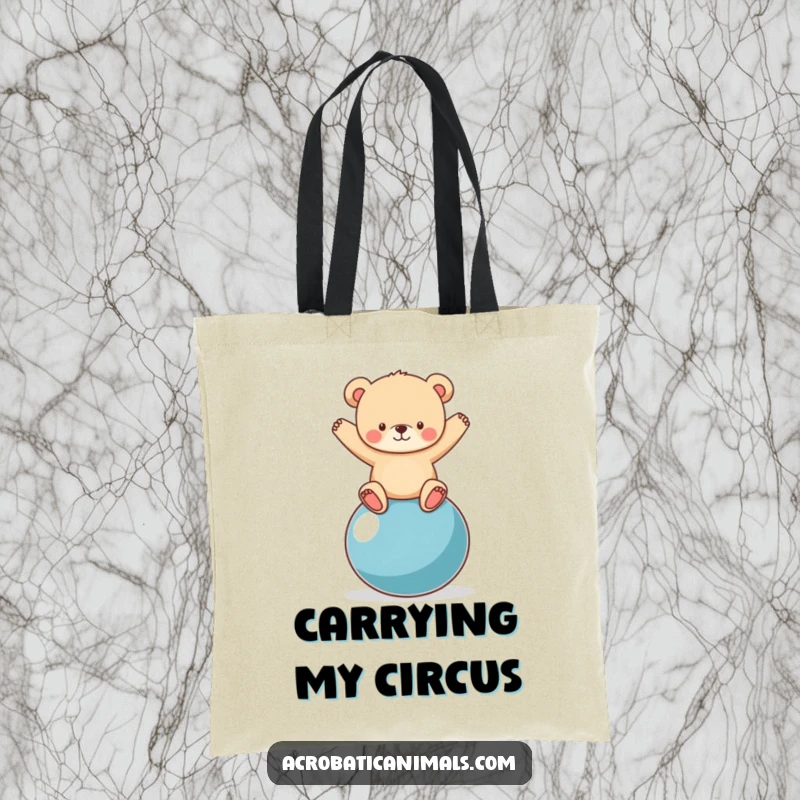 Funny bear cub balancing on a yoga ball printed on a durable tote bag, showcasing effort and adorable charm.