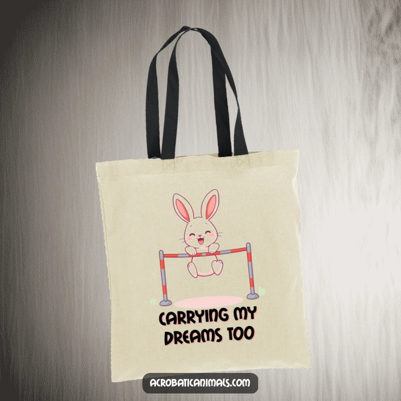 Funny rabbit leaping over a small hurdle on a tote bag, showcasing comedic athletic attempt, ideal as a funny gift.