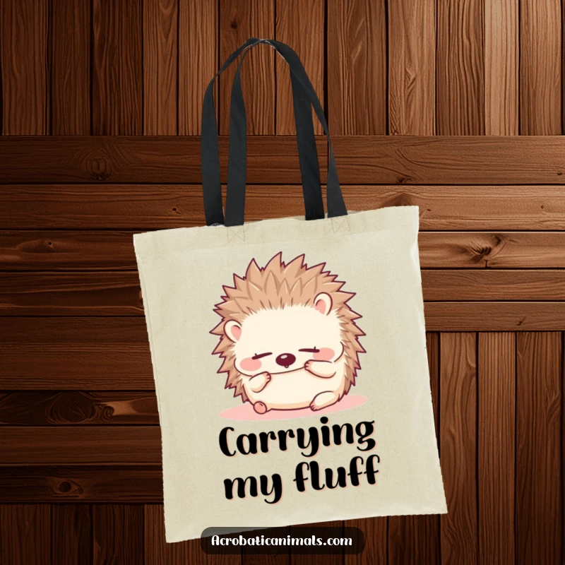 Funny hedgehog tote bag featuring a small, fluffy hedgehog doing a forward roll with eyes closed, perfect for carrying daily items.