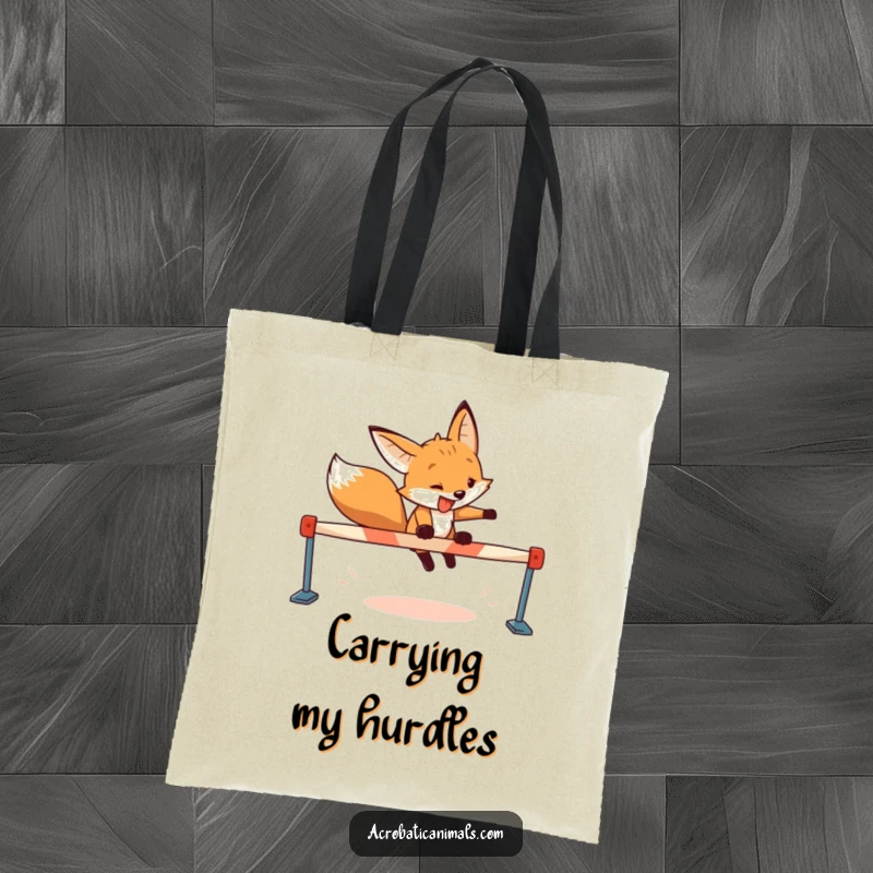 Funny fox tote bag featuring a determined fox with a wide grin leaping over a hurdle, perfect for daily use.