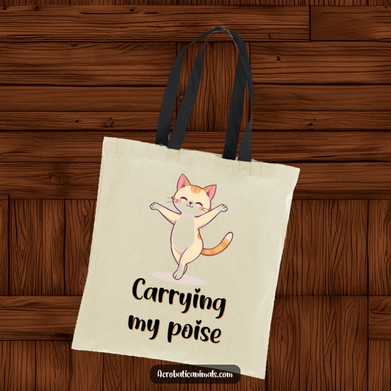 Funny cat tote bag with a cute feline executing a graceful arabesque turn on a balance beam, ideal for carrying humor and goods.