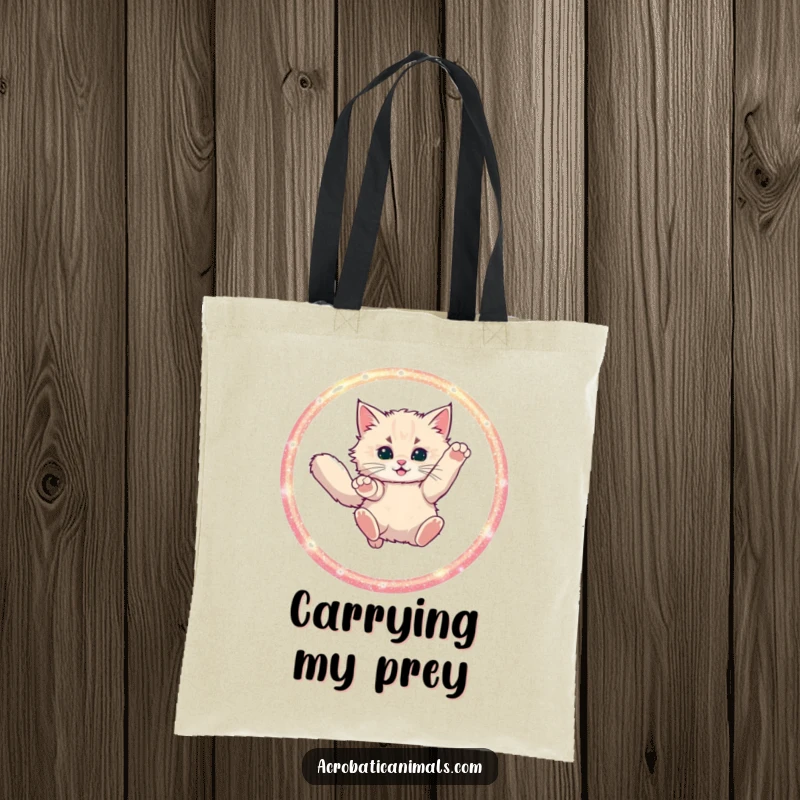 Durable funny tote bag showcasing a fluffy cat leaping through a glittering hoop, perfect for carrying items with feline flair.