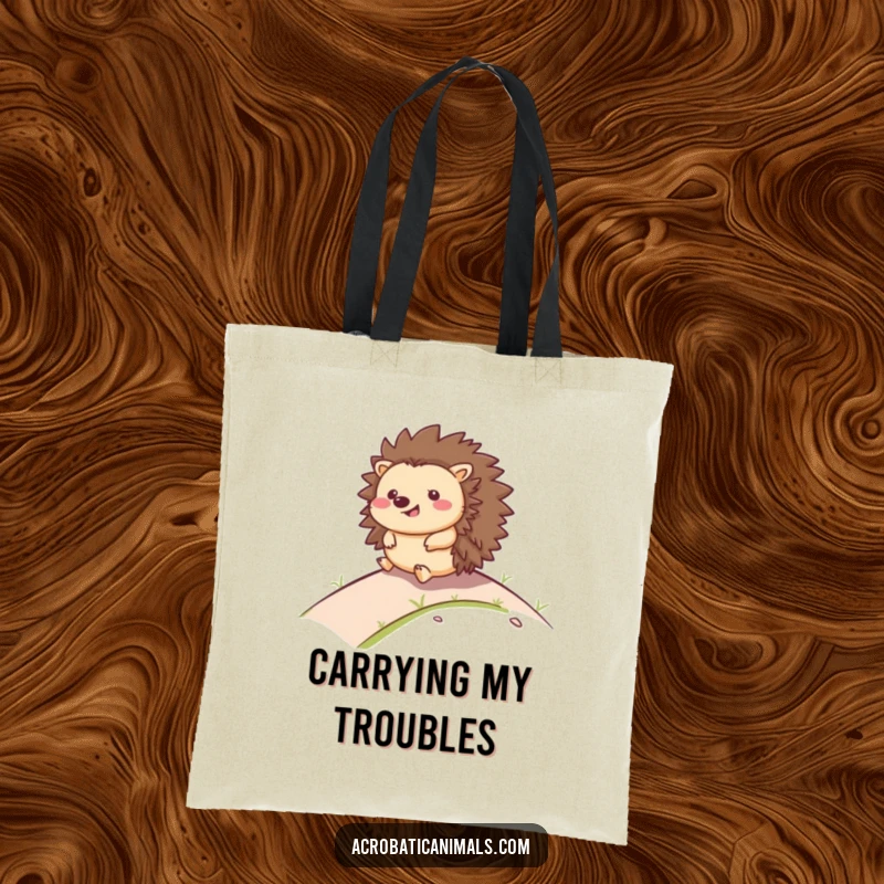 Funny tote bag featuring a happy hedgehog rolling down a hill, smiling, a cute and functional accessory for daily use.