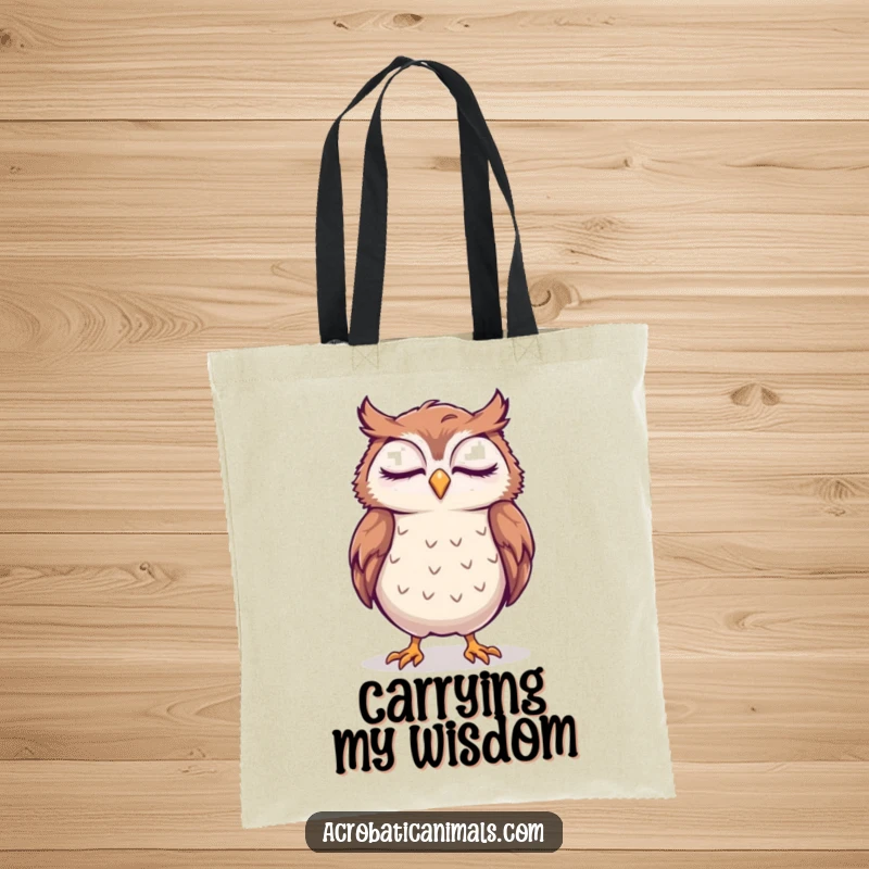 Durable funny tote bag showcasing a sleepy owl attempting a handstand with a smile, perfect for carrying items with sleepy charm.