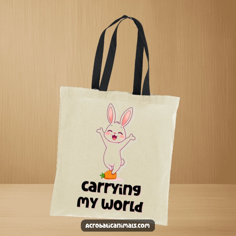 Funny tote bag with a delighted rabbit character balancing in a handstand on a tiny carrot, perfect for carrying smiles.