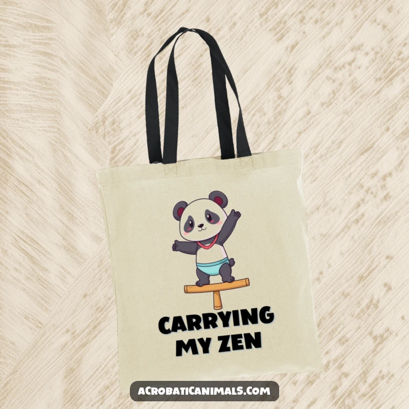 Funny tote bag showing a panda gracefully posing on a balance beam, ideal for carrying items with flair.