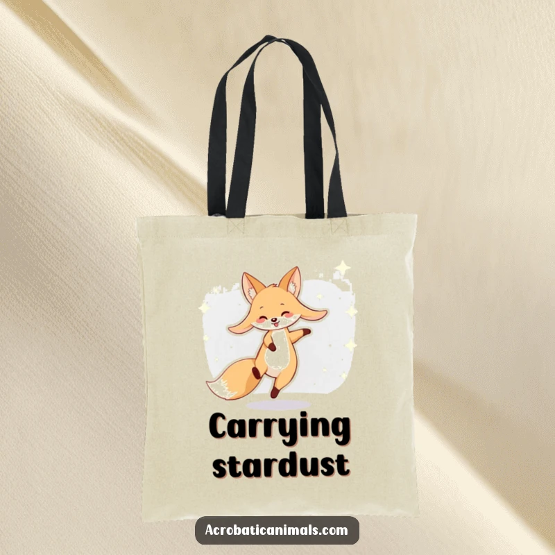 Funny fox tote bag featuring a smiling fox with long ears performing a cartwheel against a starry background, a humorous accessory.