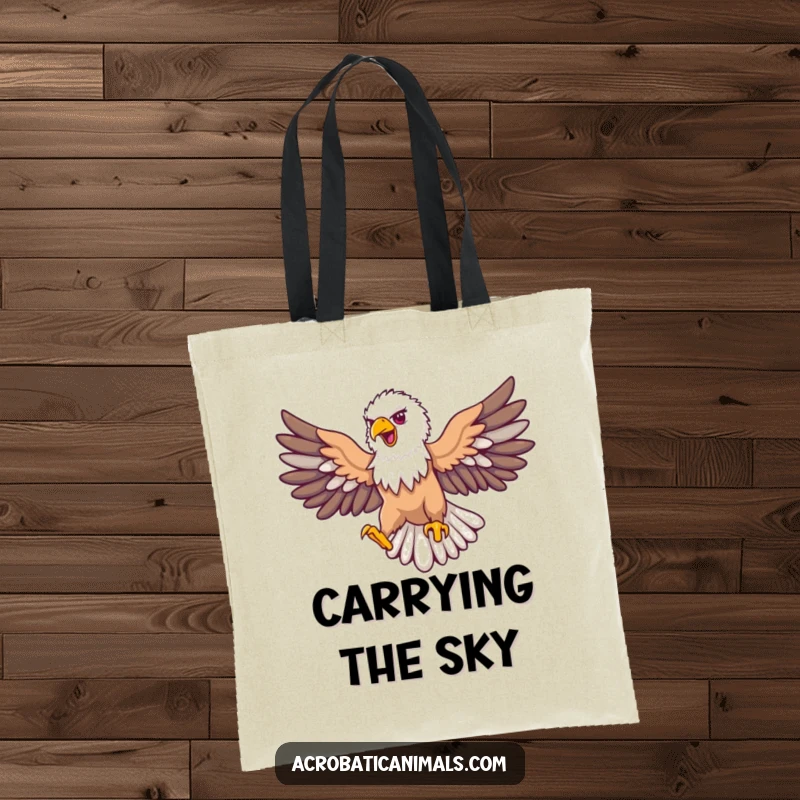 Funny eagle tote bag with a proud bird soaring with outstretched wings in a loop, for carrying items with patriotic humor.