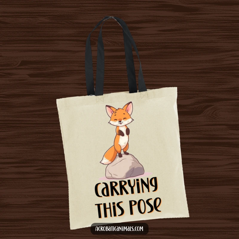 Funny tote bag with a curious fox in a handstand on a rock, a charming and humorous accessory.