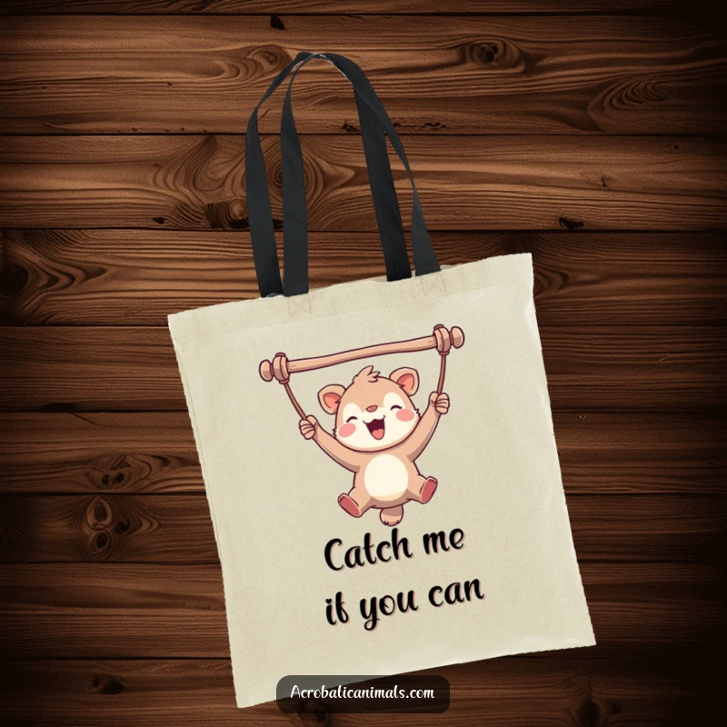 Funny tote bag illustrating a happy animal swinging joyfully from a bar with a look of sheer delight, perfect for carrying your happy thoughts.