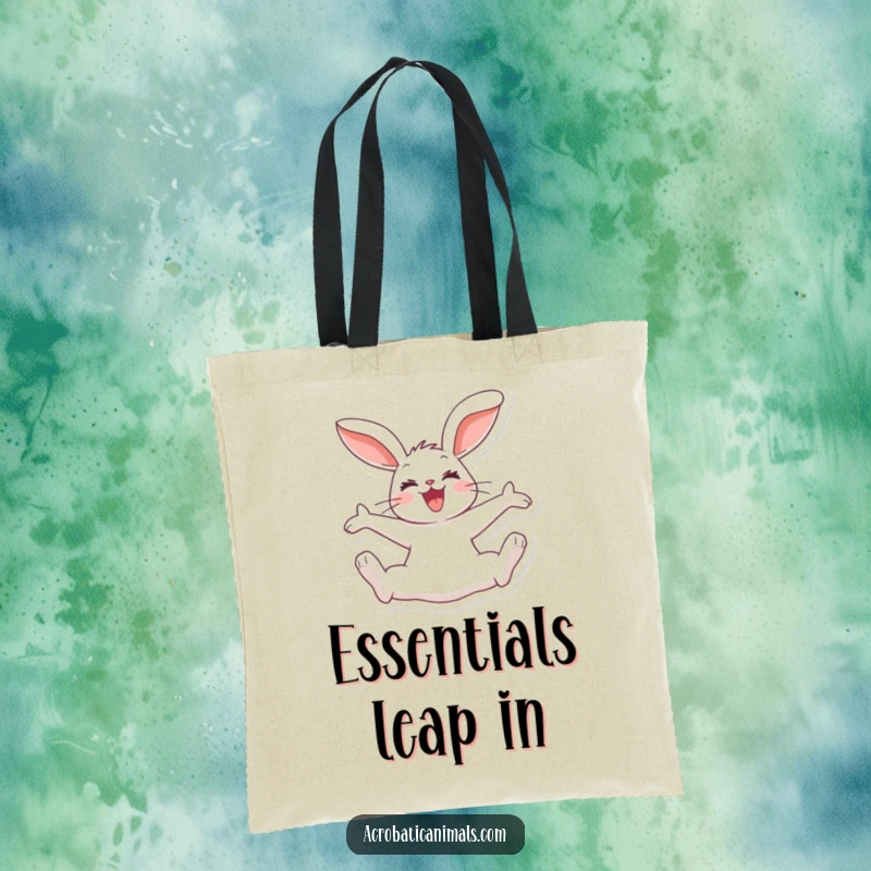 Funny rabbit tote bag with a joyous bunny doing a split jump, ears flopping, for carrying items with humorous bounce.