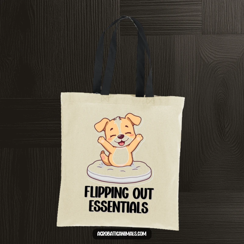 Funny Puppy Tote Bag: A playful puppy performs a dramatic flip over a foam mat, ready for action.